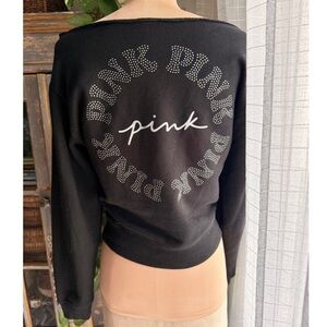 Victorias Secret Pink Bling Off Shoulder Sweatshirt Black Semi Crop Oversized XS
